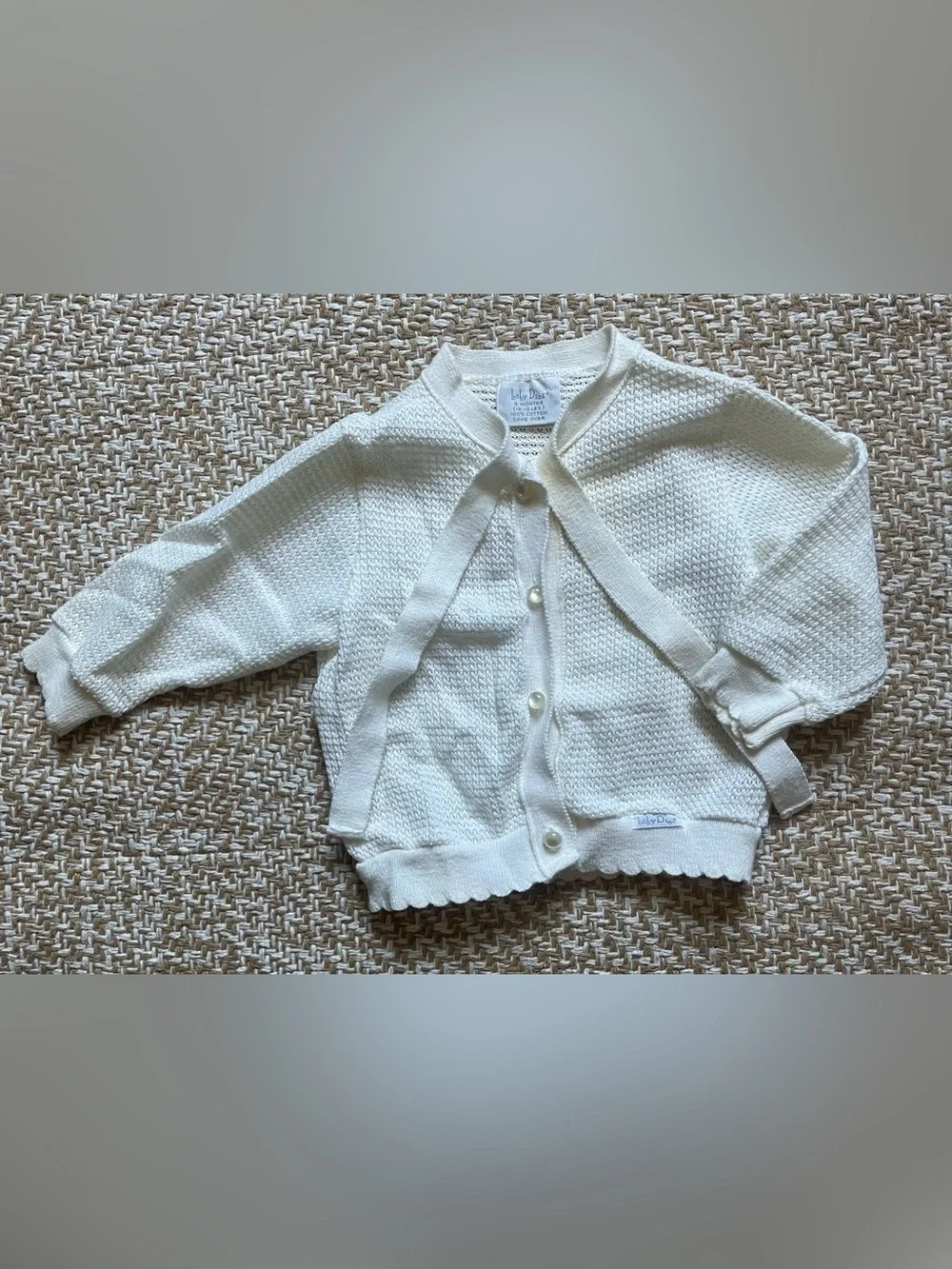Vintage Baby Dior White Knit Cardigan Sweater Embroidered Logo Tie